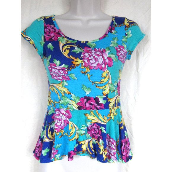 Tops - Teal with floral design Summer vacation blouse, size SM